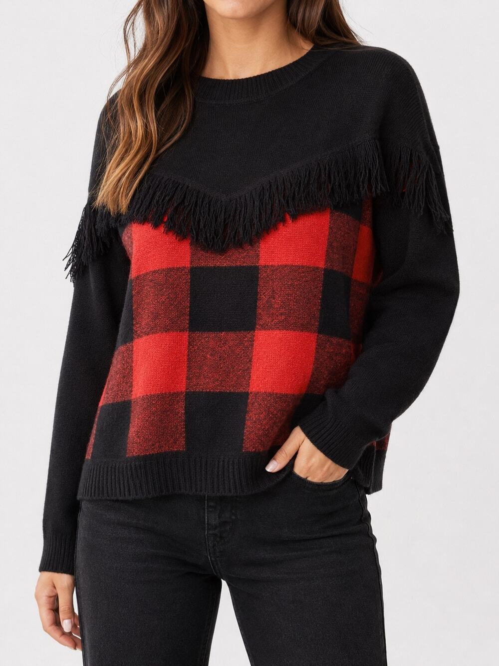 BAR III Buffalo Plaid Fringe Sweater Black Red Crewneck Boho Western Medium